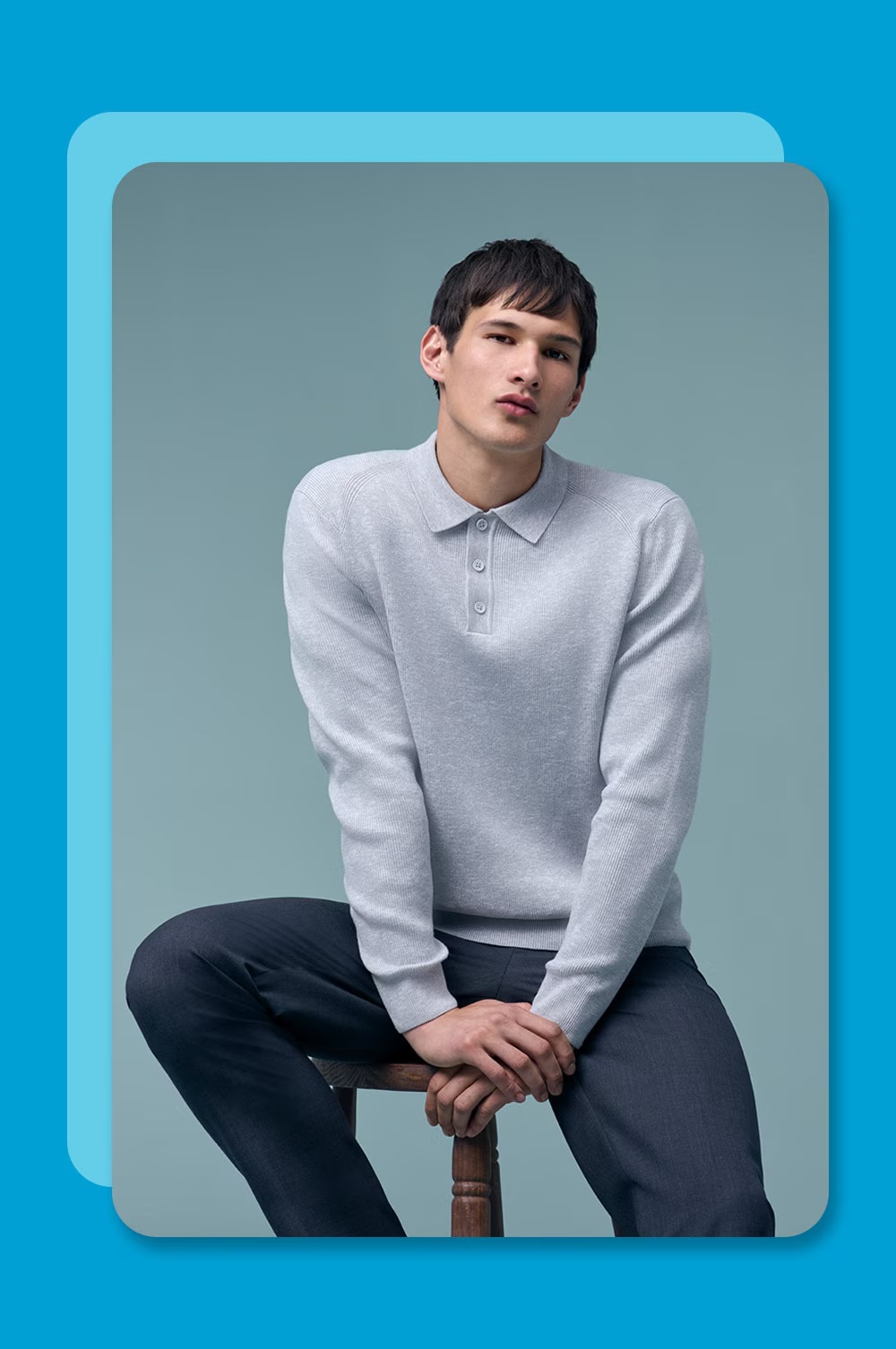 Man wearing a polo t-shirt.