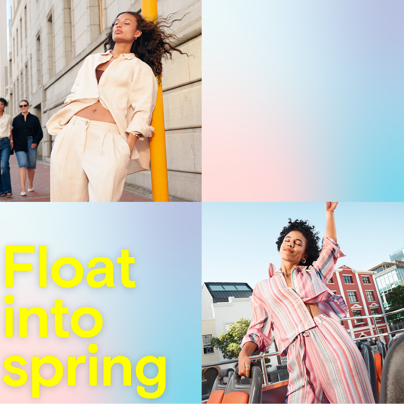 A woman models, one wearing a beige linen suit and one model wearing a pink striped linen suit 