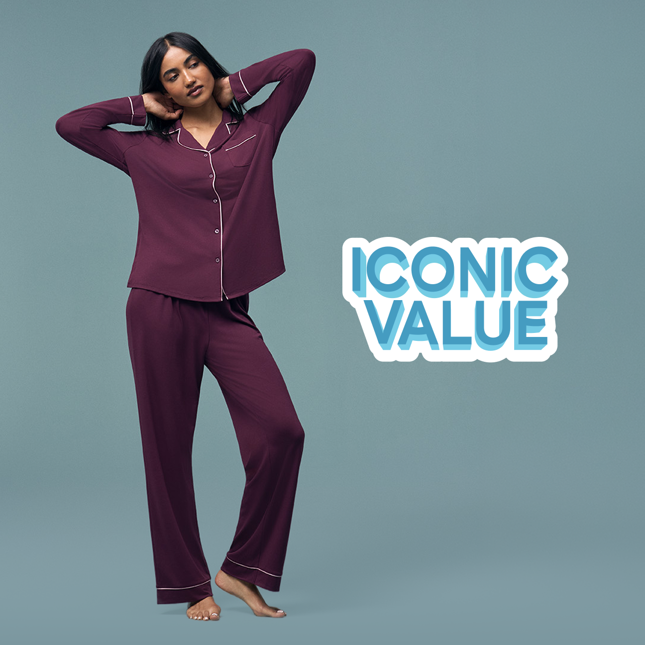 Iconic Value. Woman wearing a boyfriend pj.
